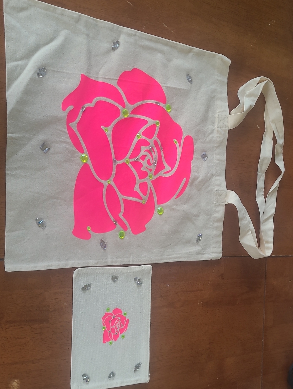 Canvas Tote and Coin Purse Bag with Neon Pink Rose Print